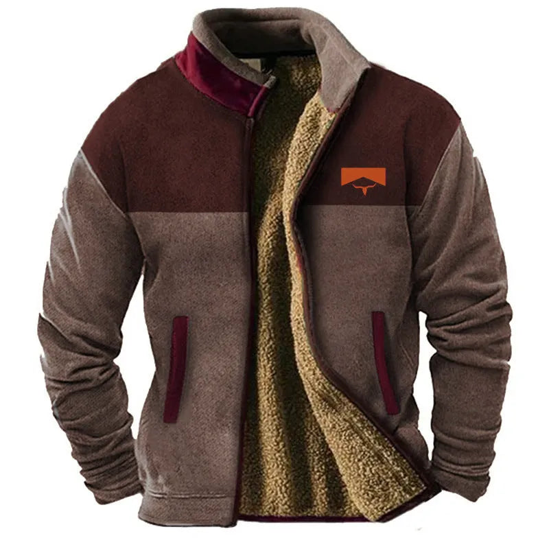 Men's green polyester fleece padded coat on a hanger, showing regular fit and front zip.