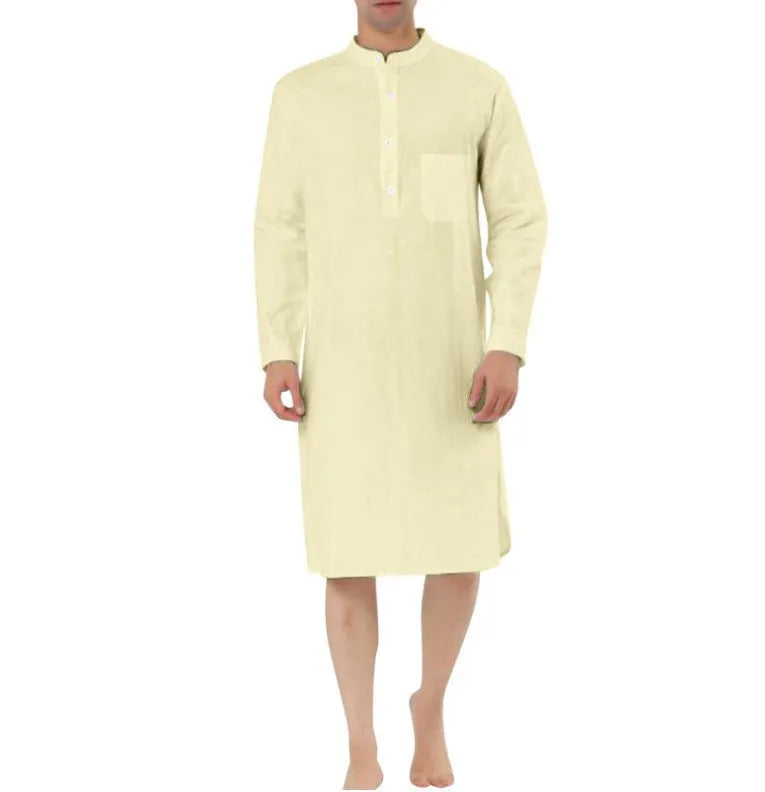 Men's button-front shirt robe in a cotton blend fabric with two front pockets