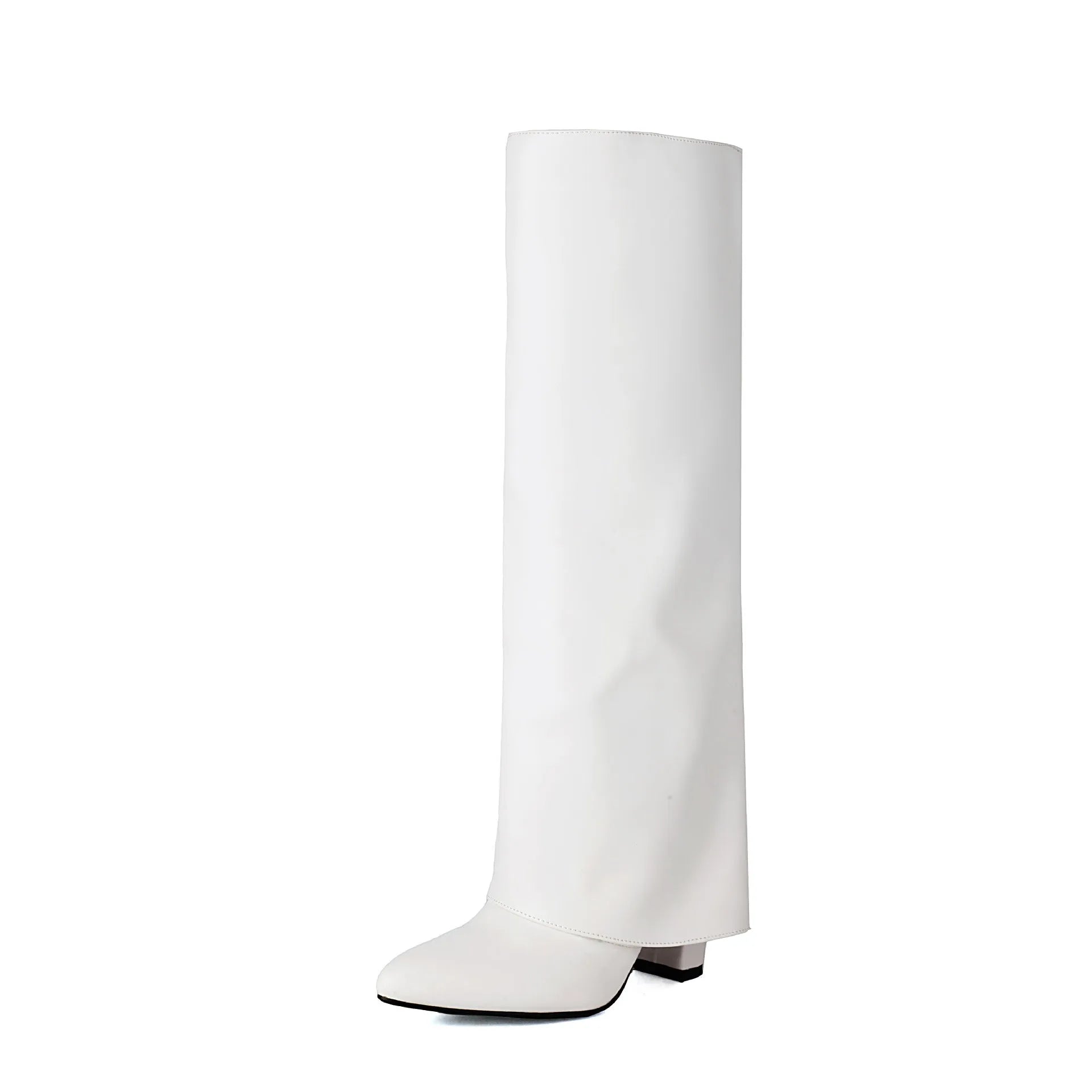 Women's plus size thick high heel ankle boots in black, white, or pink with high cylinder design and sewing line detail.