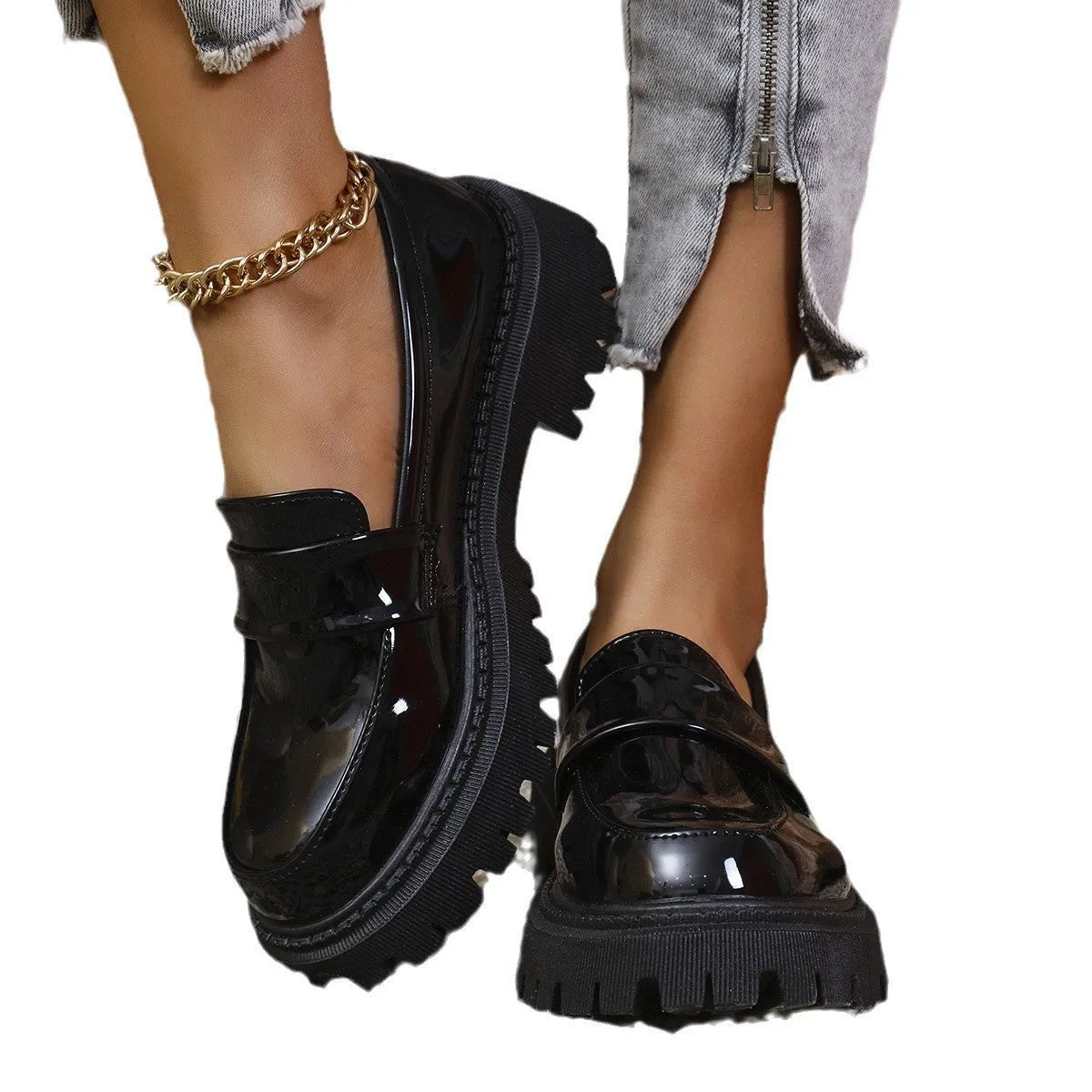 Plus size women's slip-on loafers with a chunky platform heel in black, green, and wine red colours.