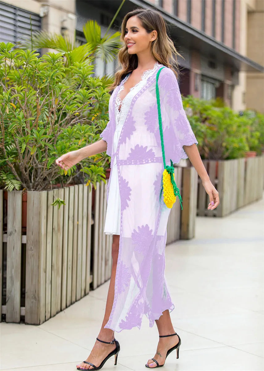 Light purple women's beach dress cardigan with lace embroidery for swimming cover-up
