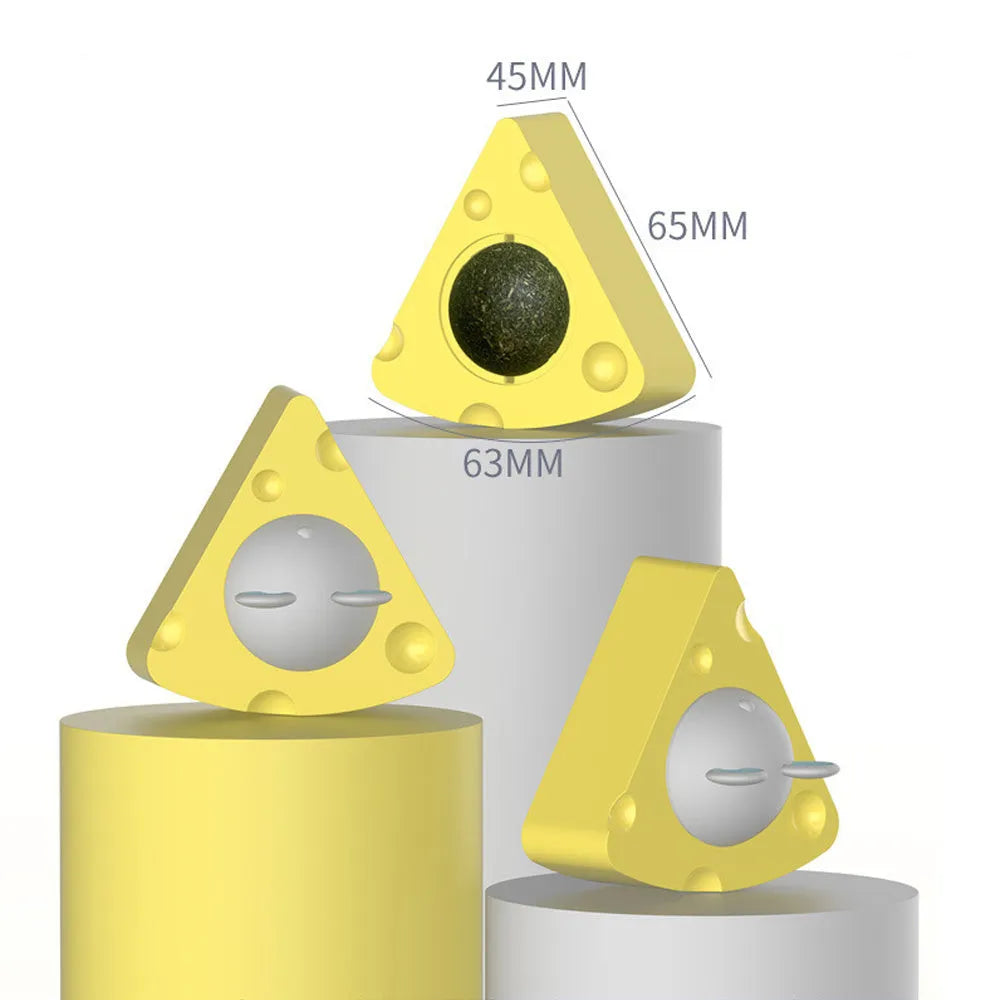 Five yellow catnip and silvervine chew toy balls for cats on a white background.