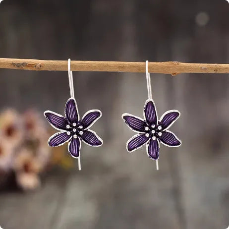 Purple flower-shaped retro earrings with alloy construction and electroplated finish