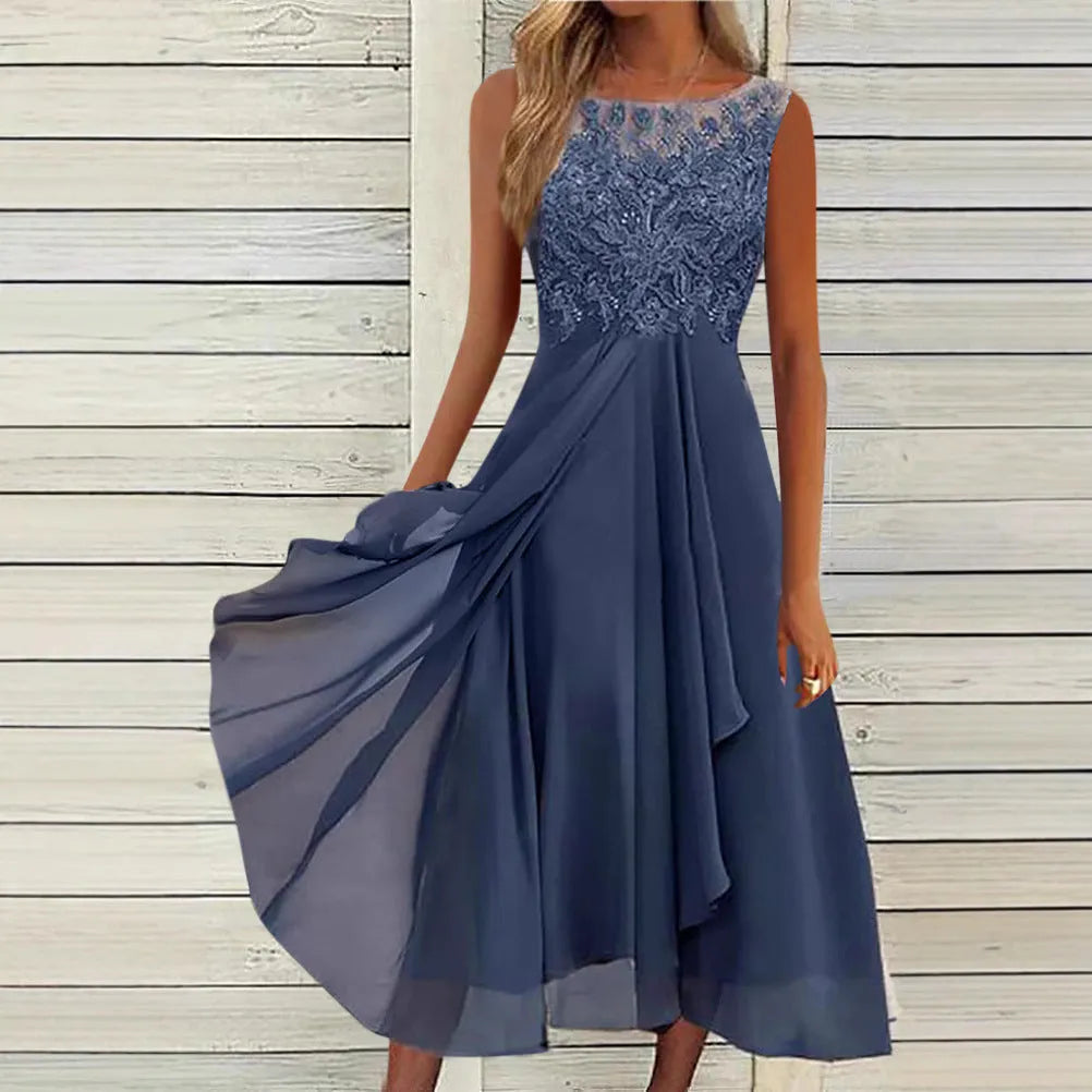 Women's sleeveless chiffon dress with lace stitching in green, purple or blue colours
