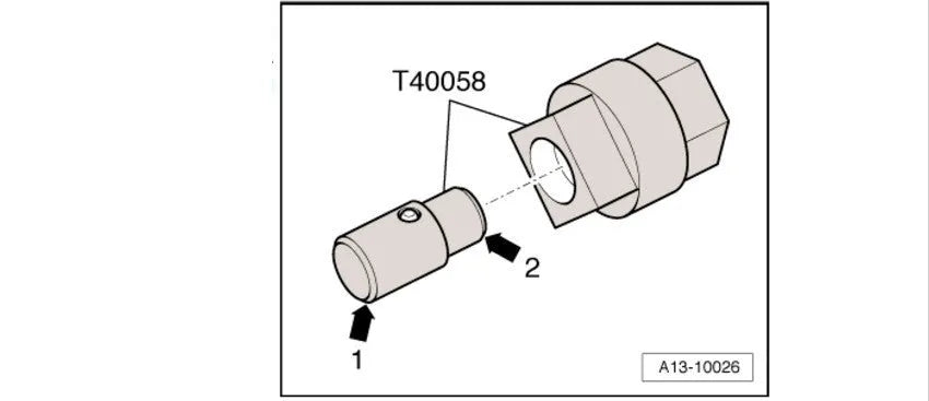 Aodi T40058 crankshaft rotating sleeve and adapter tool for Audi engine timing service.
