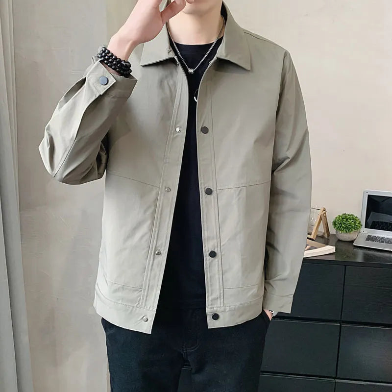 Korean style thin single-layer men's jacket in grey, showing long sleeves and front zip.