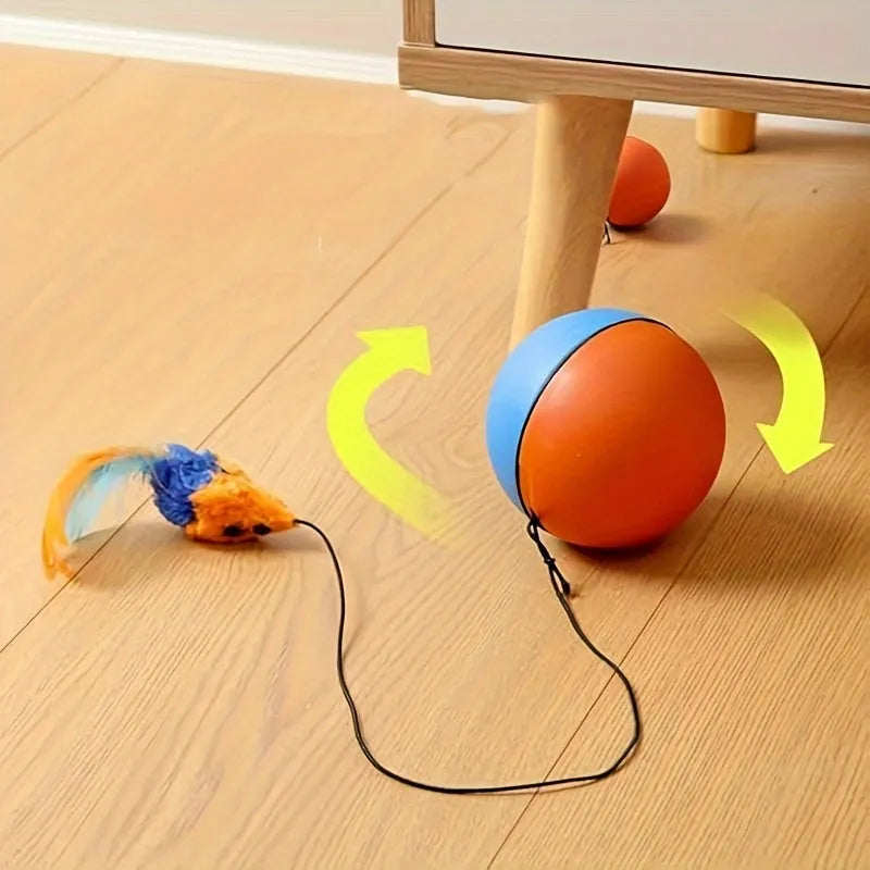 Interactive cat toy with ball and plush mouse in grey or orange, dimensions 8.5cm