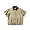 Khaki washed cotton short sleeve overalls shirt loose fit on hanger