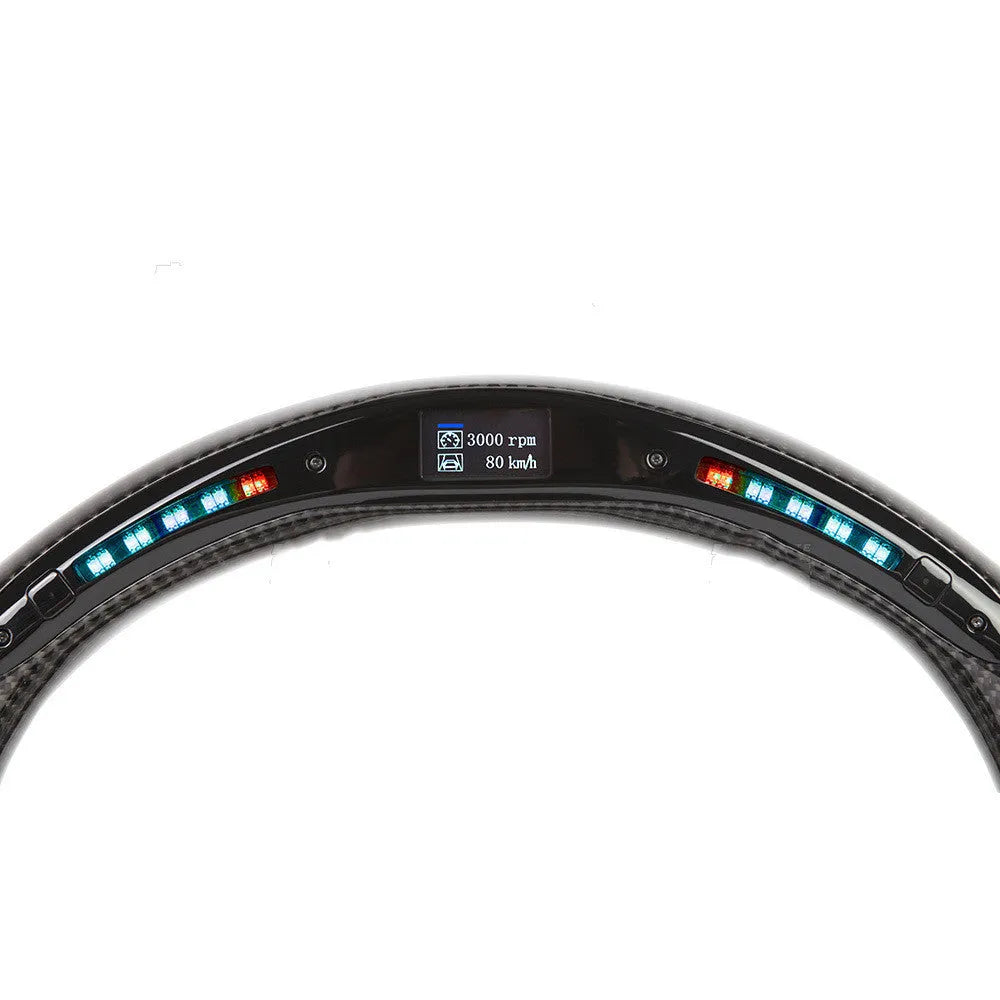 Black carbon fibre BMW steering wheel with LED controls and heating function