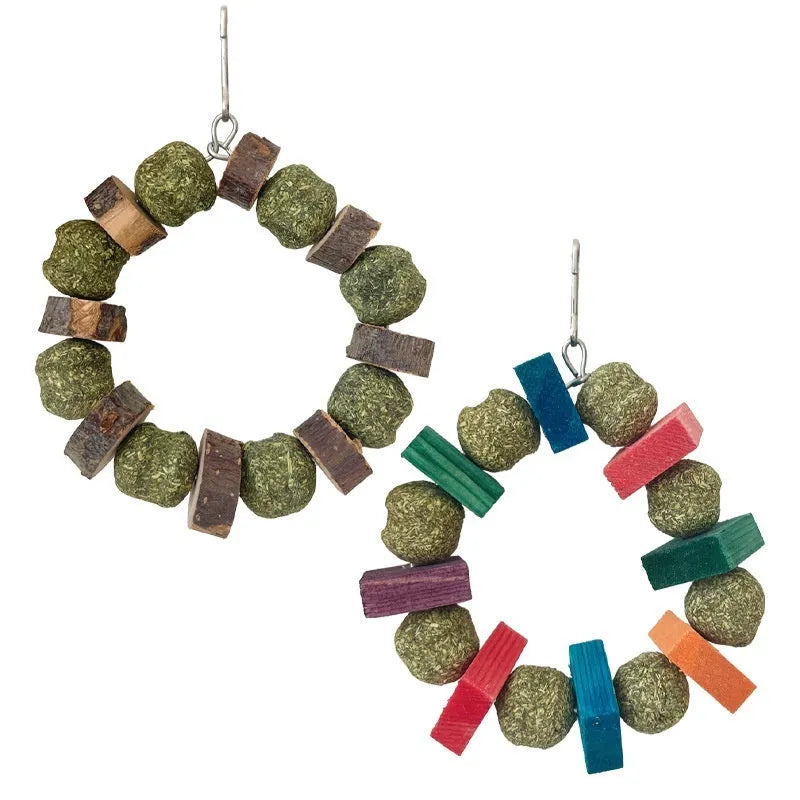 Hamster chew toy featuring straw ball ring design in colourful sequin or natural applewood finish