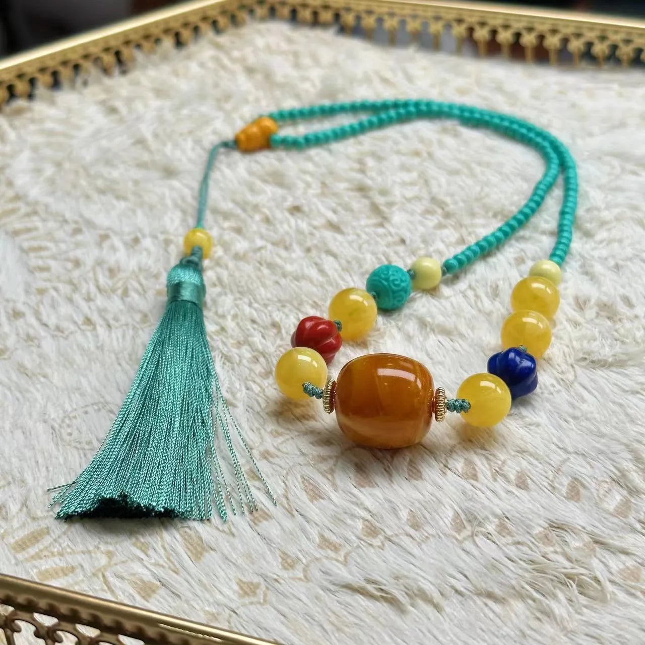 Turquoise mesh flower pendant necklace on adjustable ball bead chain