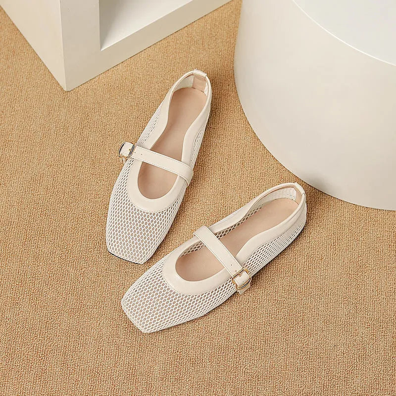 Women's black mesh summer shoes with square toe, low heel, and buckle fastening