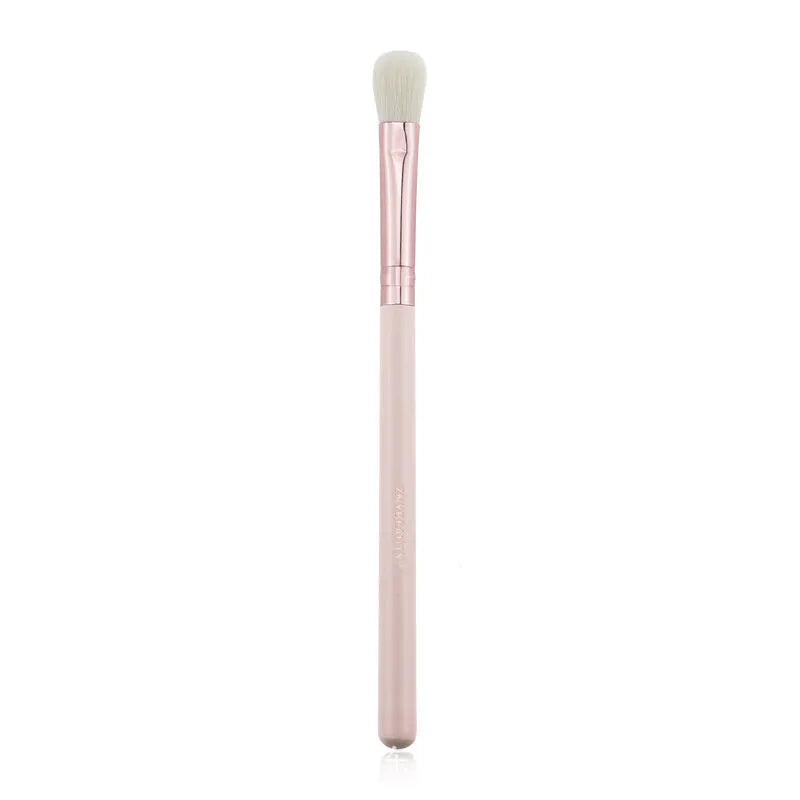 26 pink wooden handle makeup brushes arranged in a pink PU zip case.