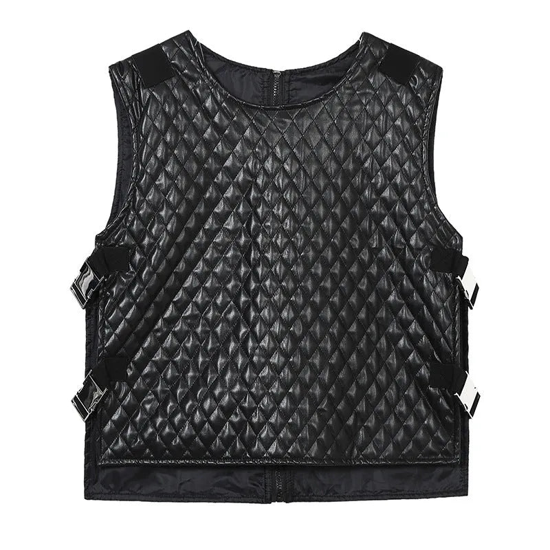 Men's loose fit black tactical vest with button decoration, cotton blend material, non-iron finish