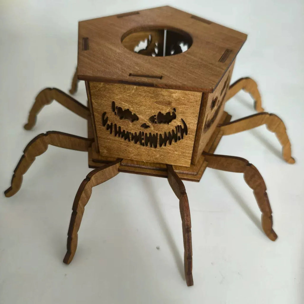 Wooden spider Halloween lantern candlestick decoration measuring 21cm tall