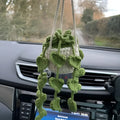Green and white knitted wool car plant decoration with basin base and hanging rope
