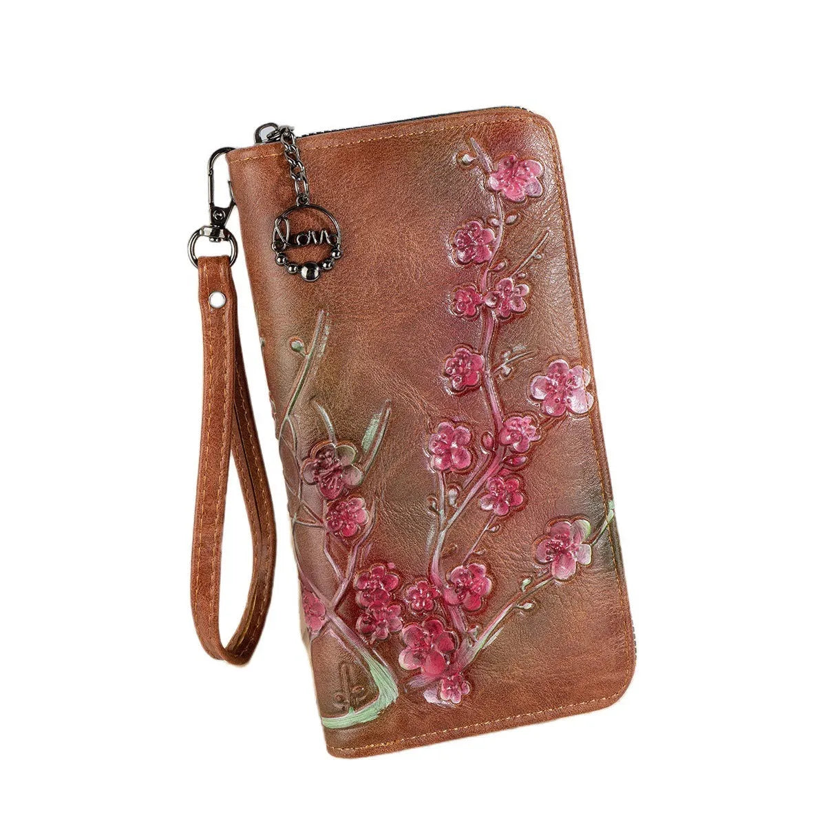 Embossed floral pattern Chinese style handbag in brown colour with zipper closure