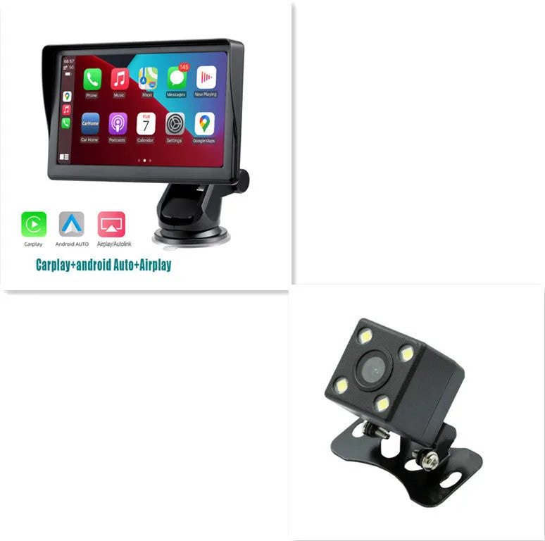 7-inch portable car smart display with retractable mount on a car dashboard showing navigation