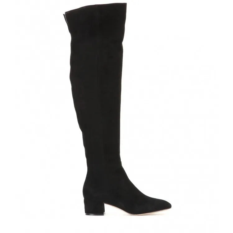 Women's grey suede over-the-knee flat boots with pointed toe and low thick heel