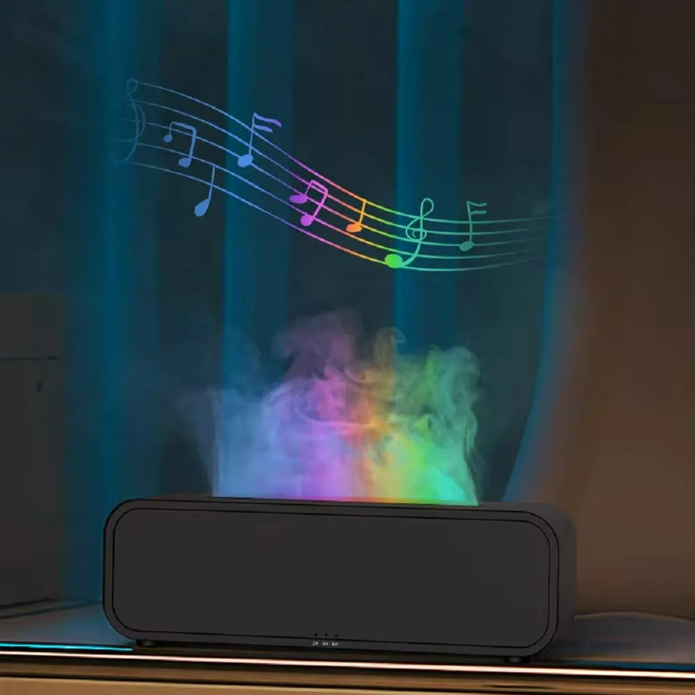 Black or white flame dynamic essential oil diffuser with remote control and colour-changing lights.