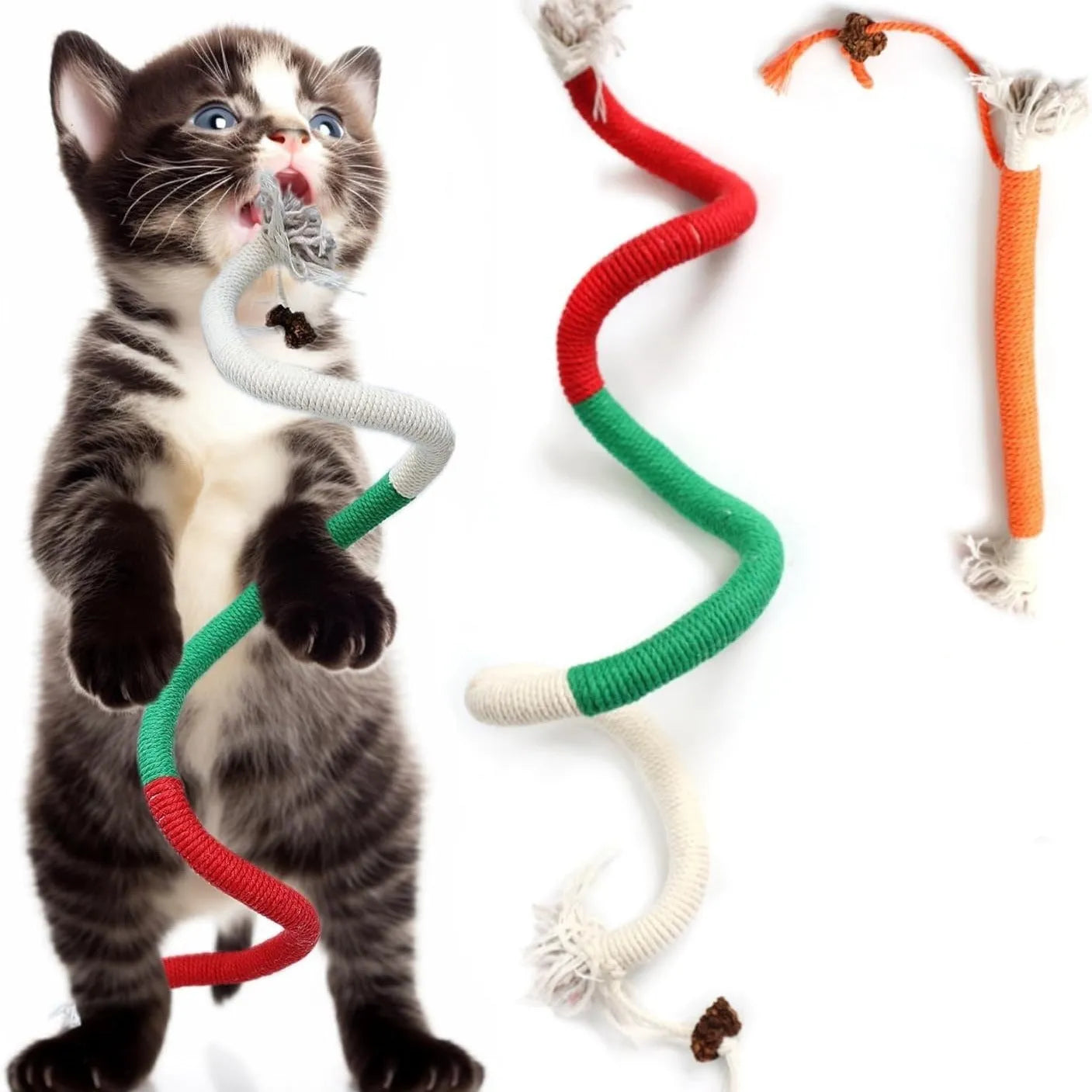 Long purple, orange, and red-with-green cotton rope cat toys stuffed with catnip for biting and playing.