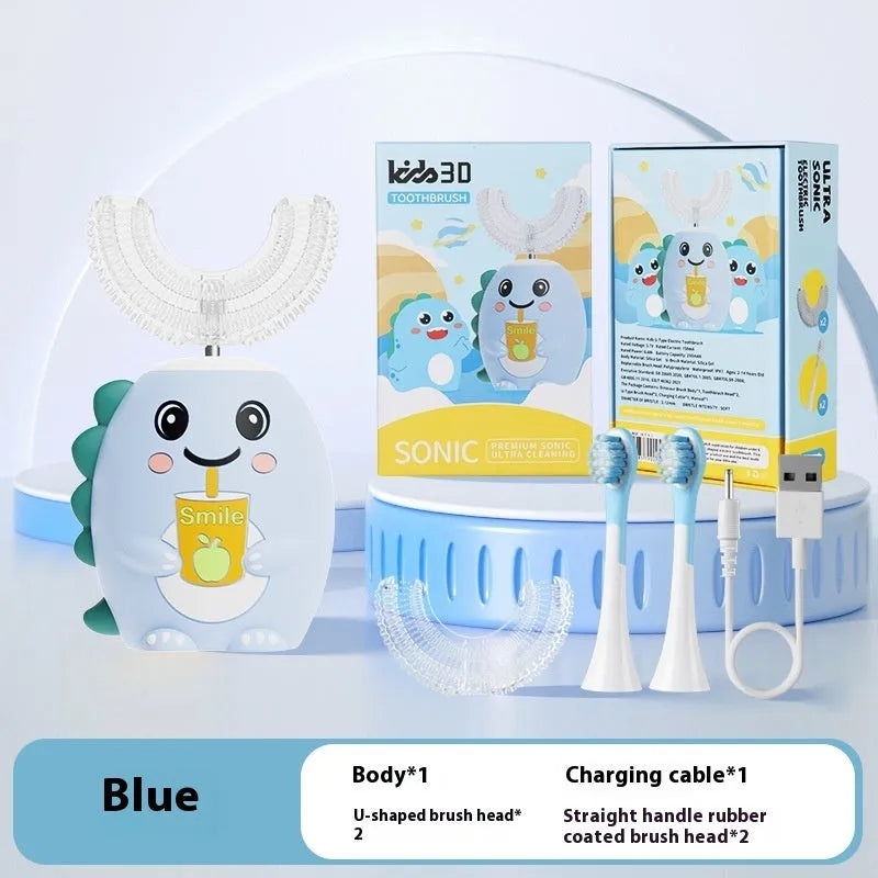 Children's cartoon dinosaur soft bristle electric toothbrush with U-shaped silicone head in green