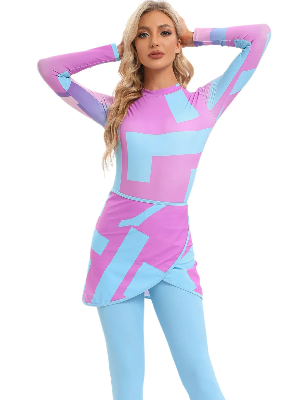 Conservative Muslim women's three-piece swimsuit set in blue, with a matching apron, on a mannequin.