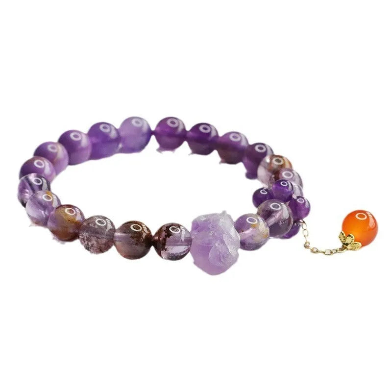Natural nine purple amethyst crystal bracelet with red agate stones and 8mm beads
