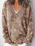 Women's V-neck long sleeve sweatshirt with a detailed 3D floral pattern print in art retro style.
