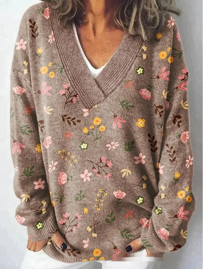 Women's V-neck long sleeve sweatshirt with a detailed 3D floral pattern print in art retro style.