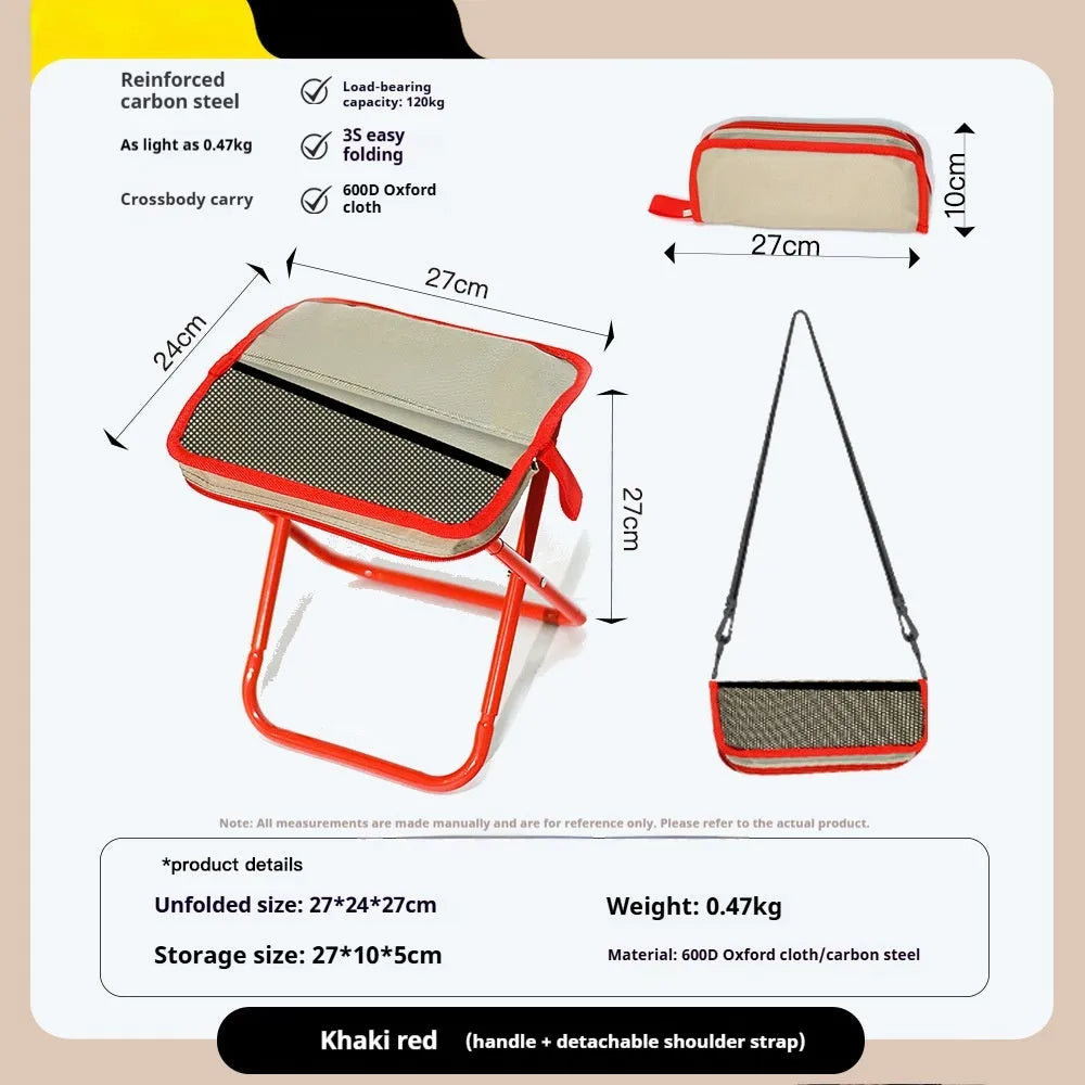Lightweight foldable camp stool in Oxford cloth, shown in a khaki colour, folded for carrying.