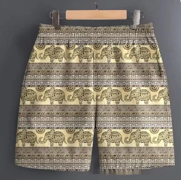 Men's casual polyester sports shorts in a camouflage print pattern, laid flat.