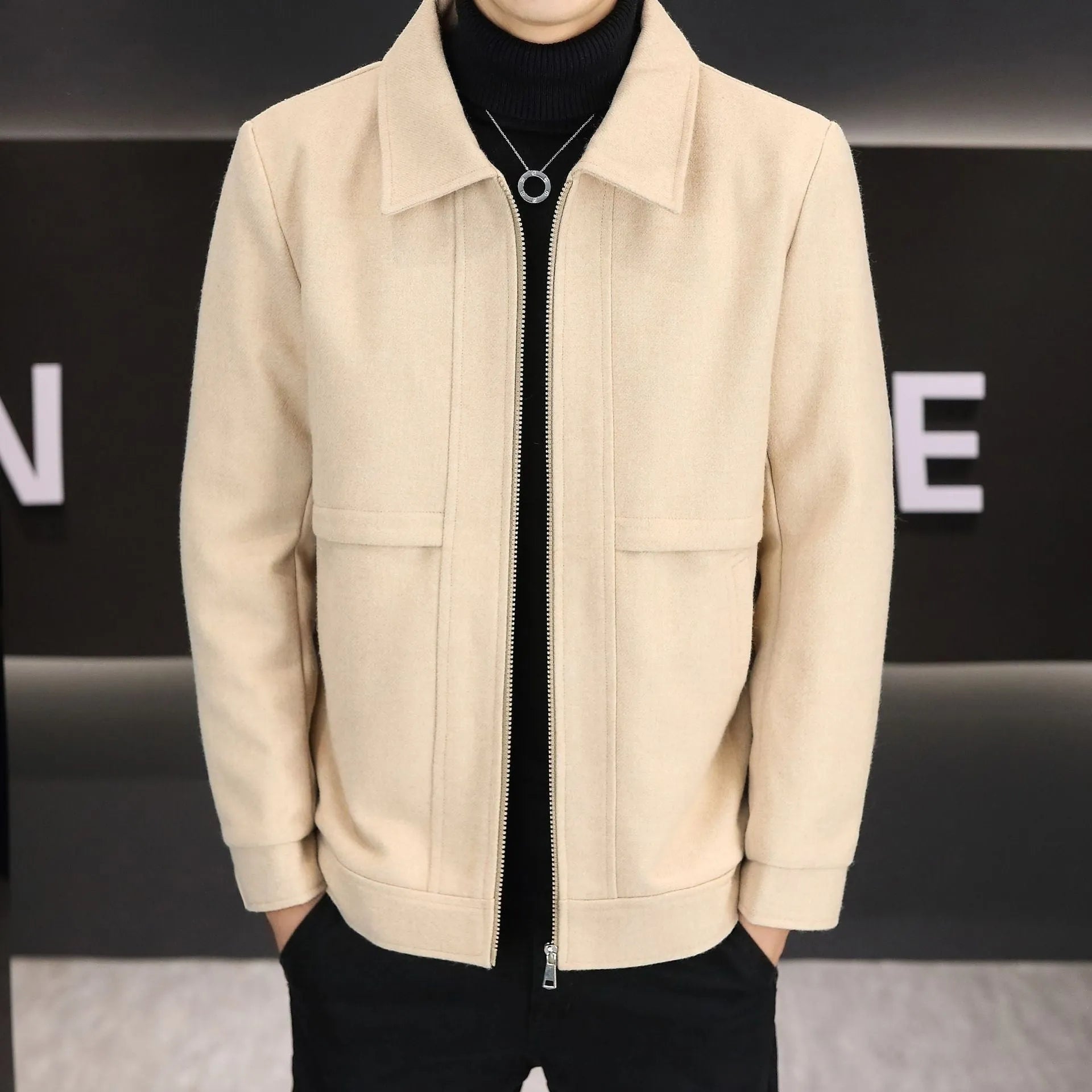 Polo collar casual jacket in khaki colour with side seam pockets and regular length cut
