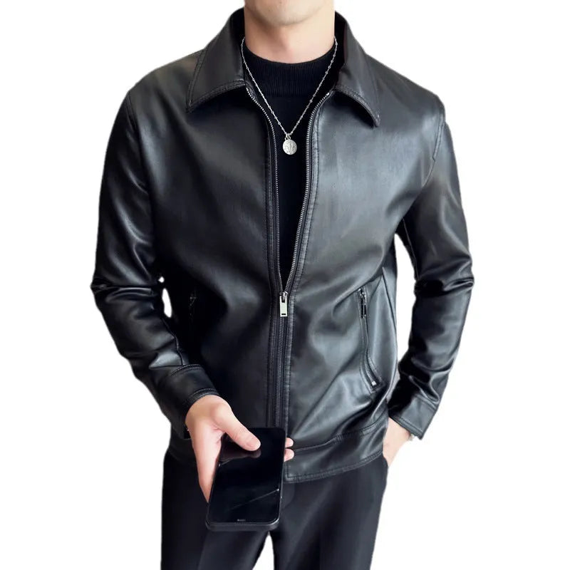 Men's black PU leather casual jacket with zip pockets and loose fit