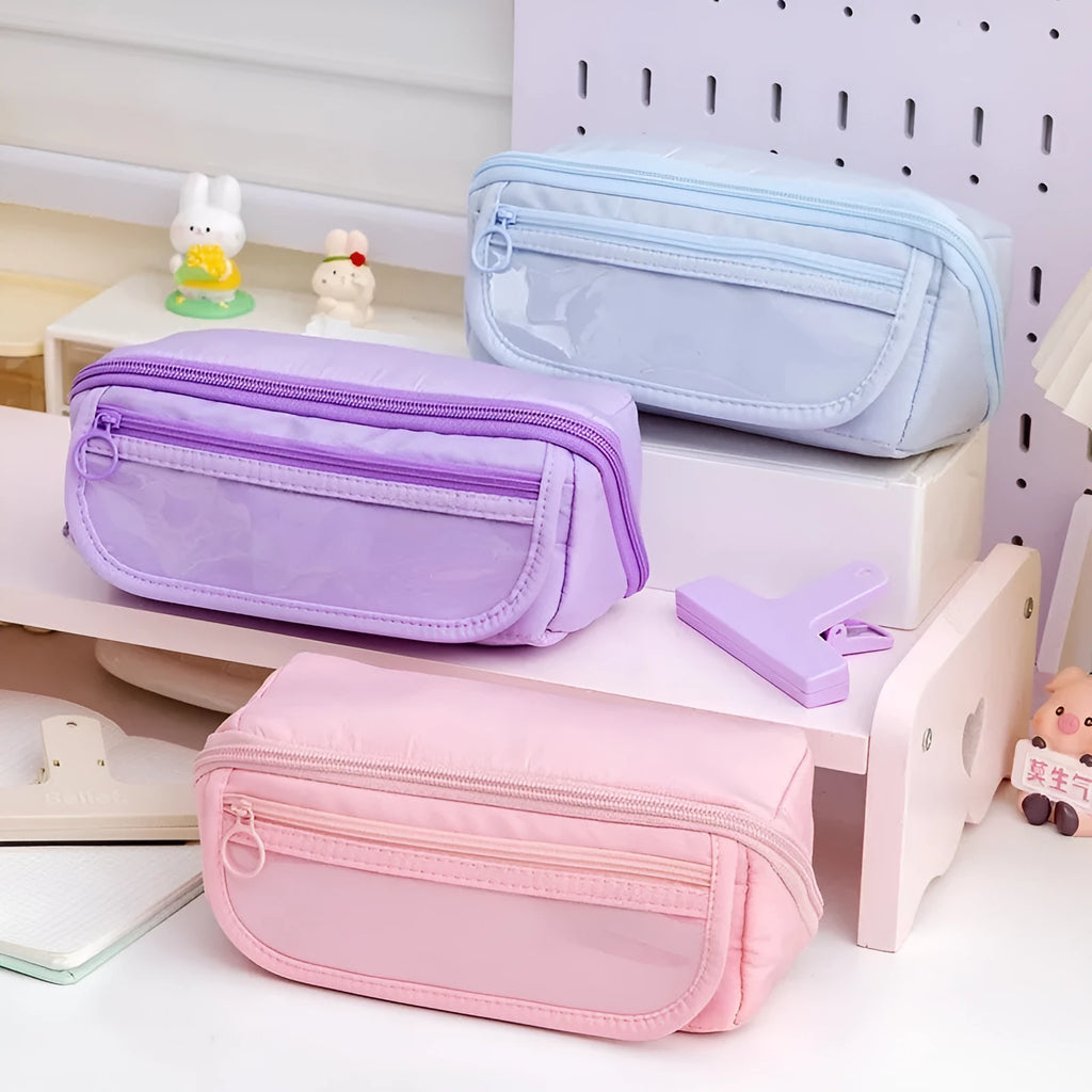 Ten-layer flip canvas pencil case unfolded showing multiple compartments, in Latte Coffee Colour.