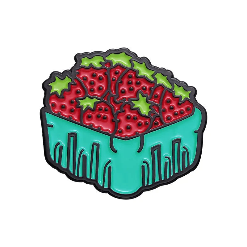 Colourful cartoon fruit design on a silver-toned zinc alloy metal brooch with pin clasp.