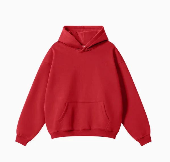 A loose-fit men's hooded sweater in 450g terry cotton with drop shoulders, shown in a solid colour.