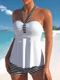 Women's off-shoulder swimsuit in black and white striped design with briefs style
