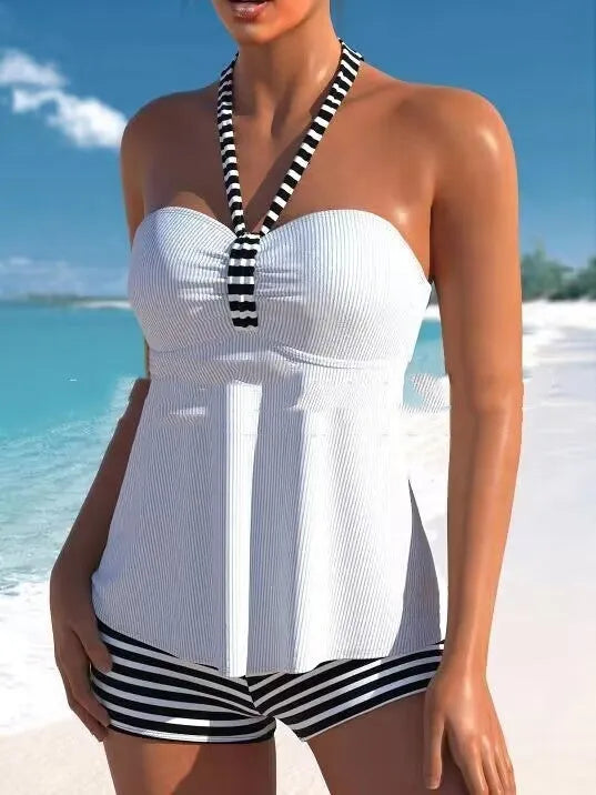 Women's off-shoulder swimsuit in black and white striped design with briefs style