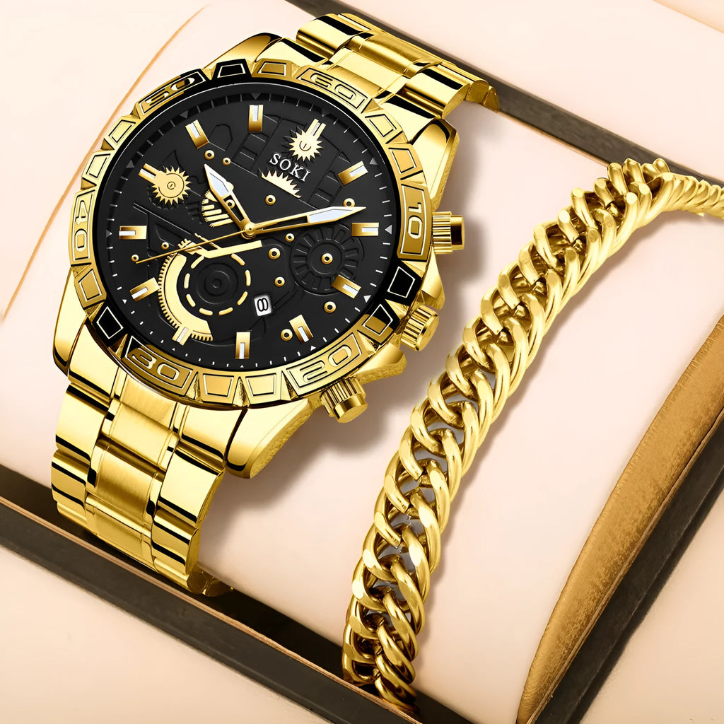 Men's gold stainless steel business quartz watch with date display and steel strap