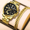 Men's gold stainless steel business quartz watch with date display and steel strap