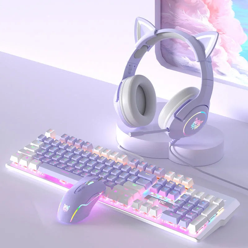 Purple and white mechanical keyboard and mouse wired set with backlight illumination on desktop