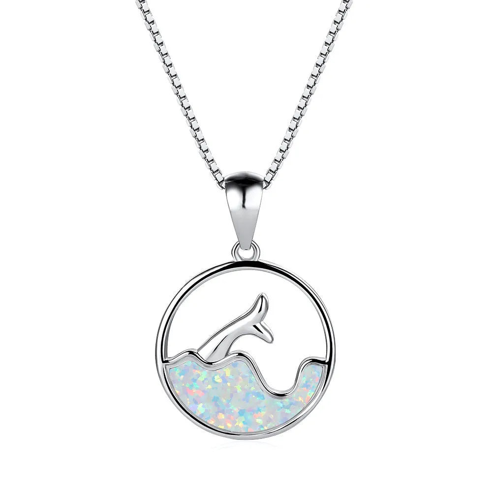Geometric fishtail necklace with electroplated platinum opal finish on a copper base.