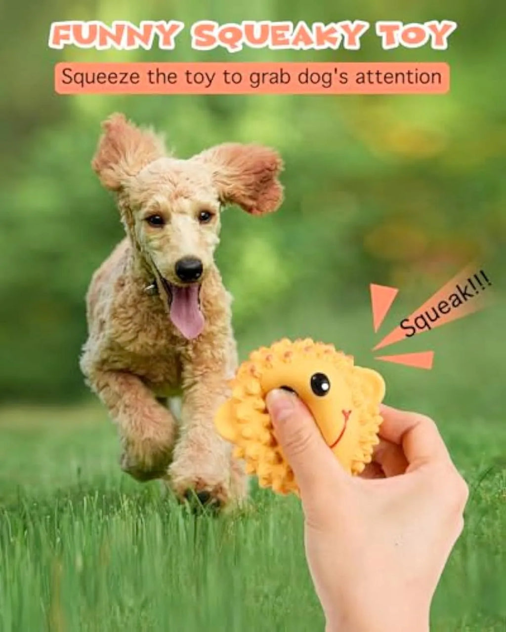 Orange and yellow spiky animal-shaped squeaky dog toys made from natural latex rubber