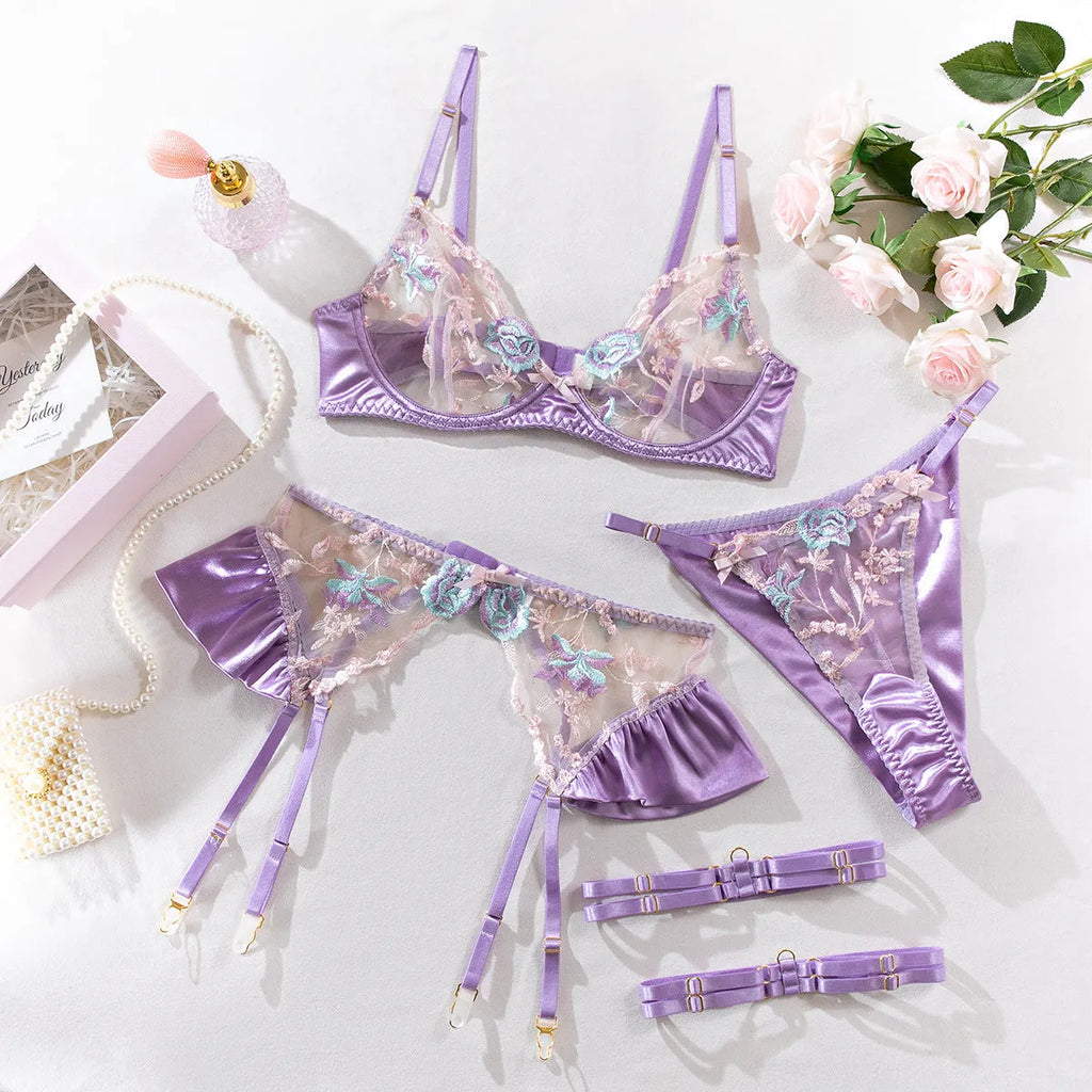 Light purple satin lingerie four-piece set with embroidery detailing
