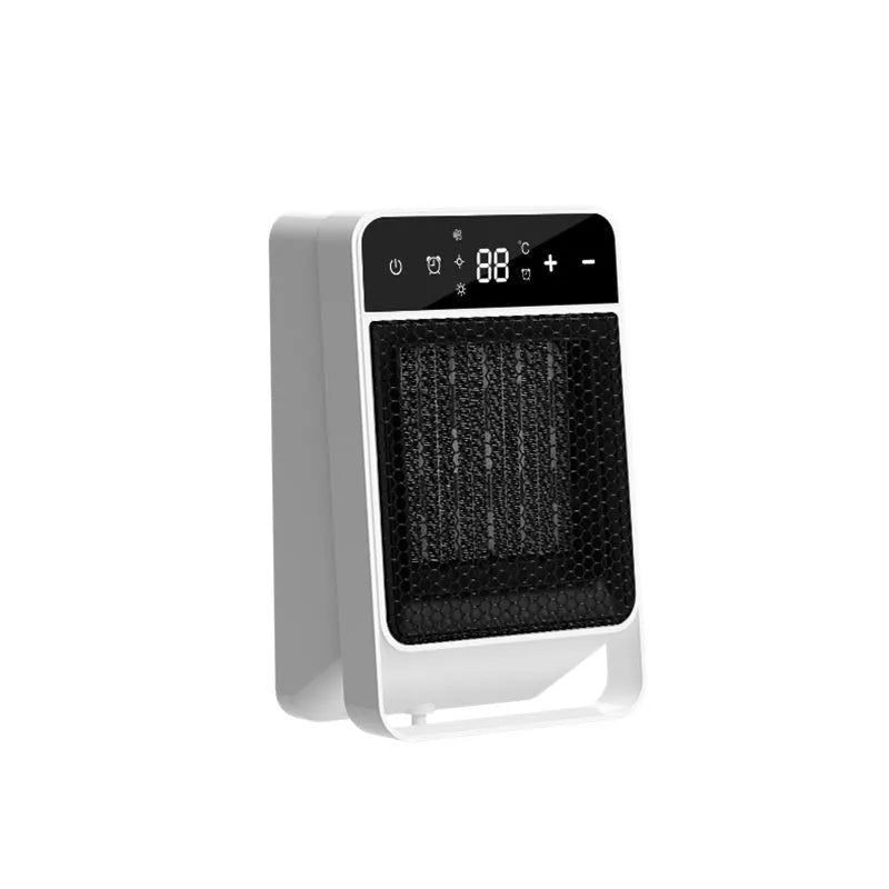 Desktop electric heater with digital touch screen display and remote control on a wooden desk.