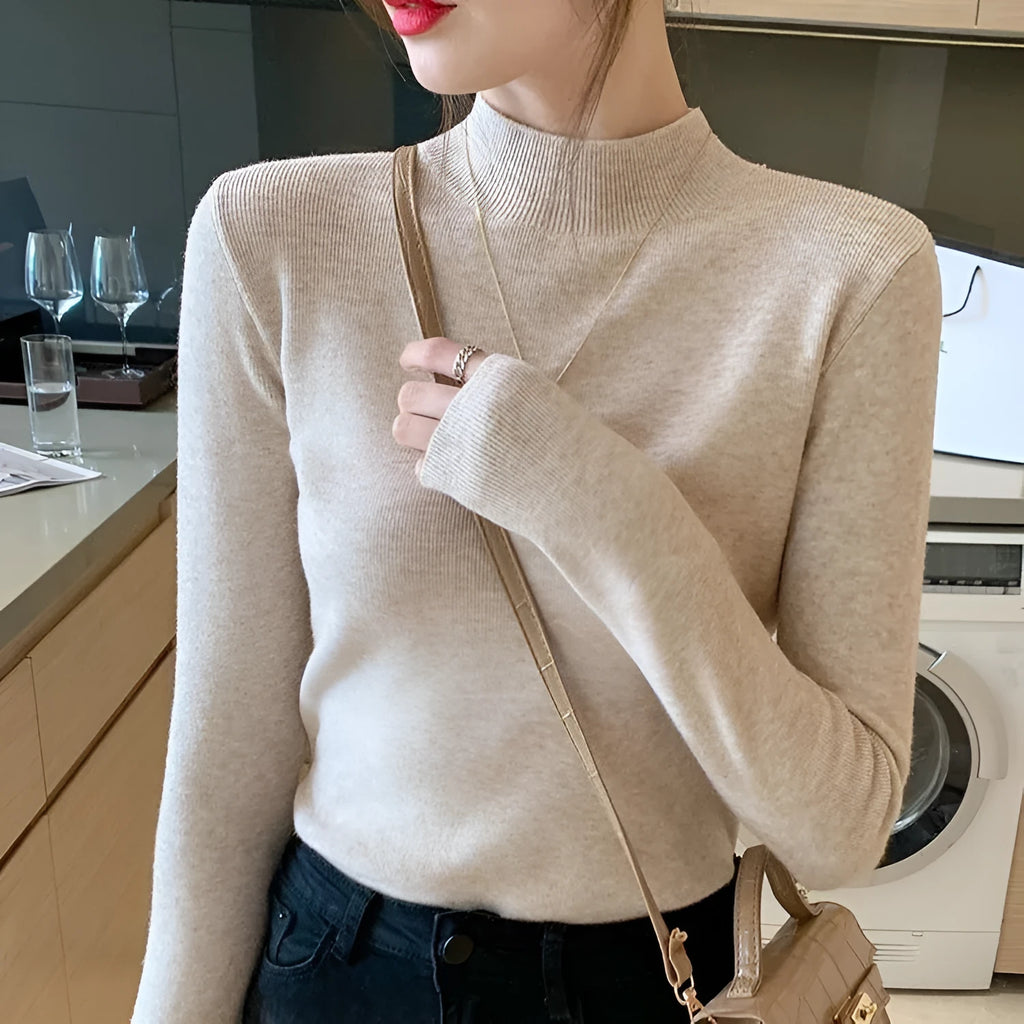Women's slim fit viscose knitted shirt in apricot colour with long sleeves