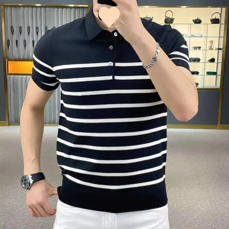 Black and white striped knitted t-shirt with a lapel neckline, shown in a pullover style.