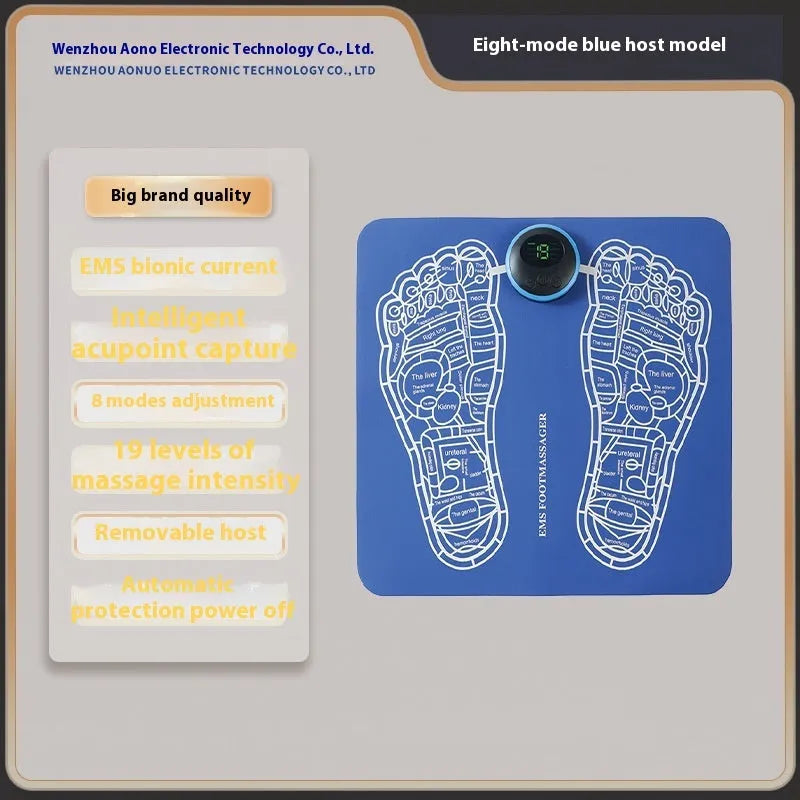 USB rechargeable reflexology foot massager mat with remote control on a wooden floor