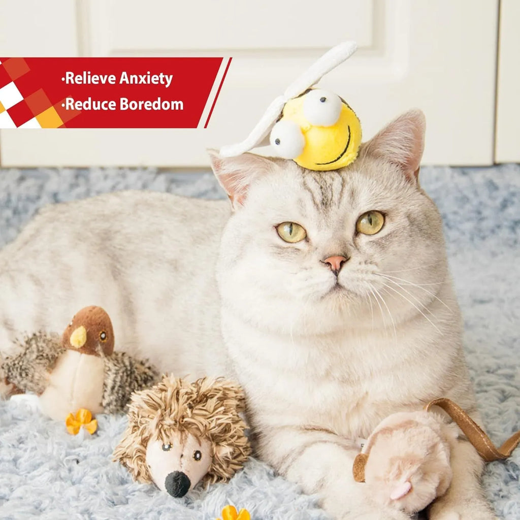 Yellow bee-shaped electronic cat toy with motion-activated squeaking sounds for interactive indoor play